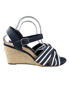Clarks Women's Size 9.5W WIDE Margee Beth Blue White Ankle Strap Wedge Sandals